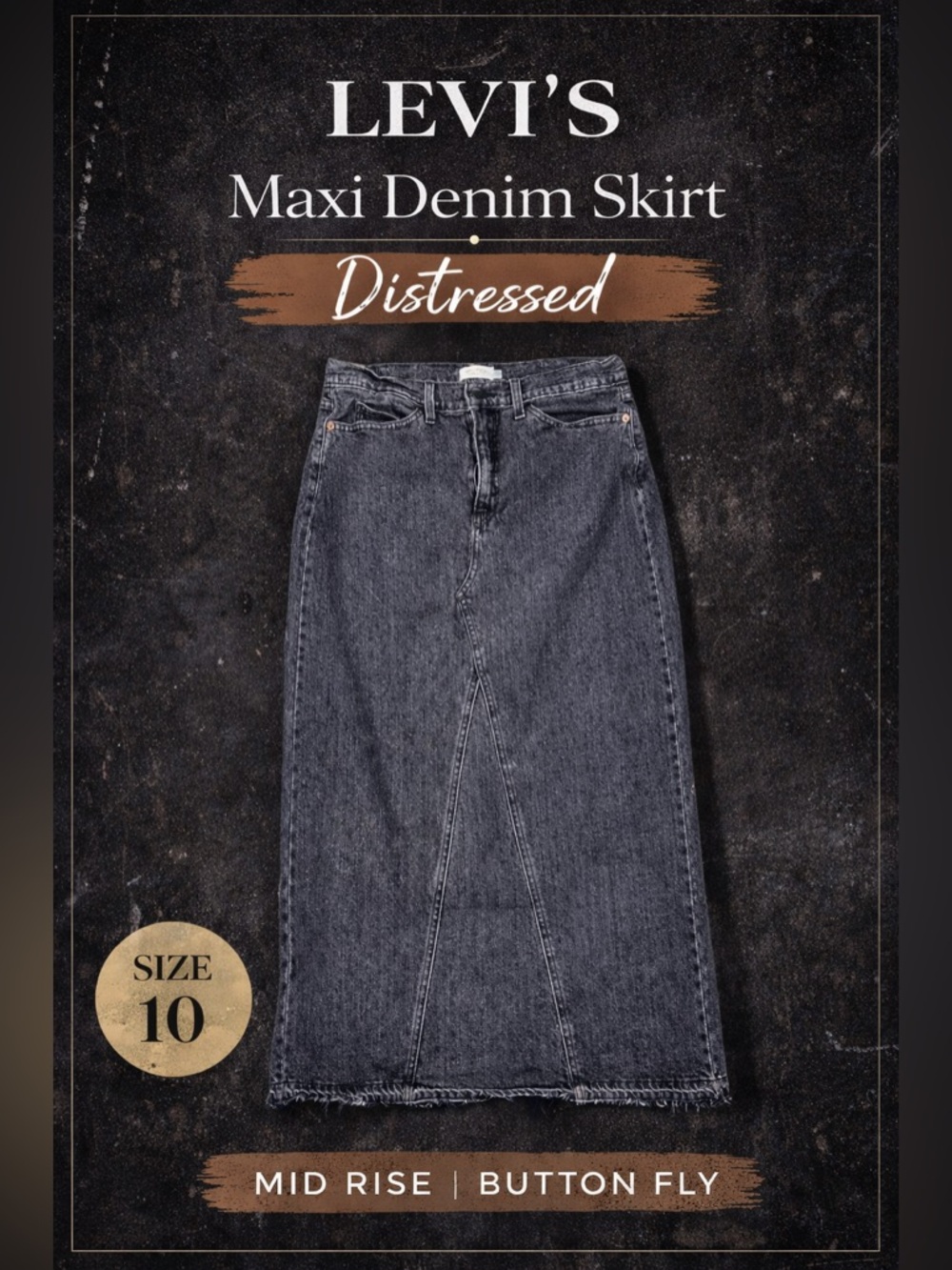 Levis Women's Iconic Maxi Denim Button Fly Skirt Mid Rise Black Distressed 10